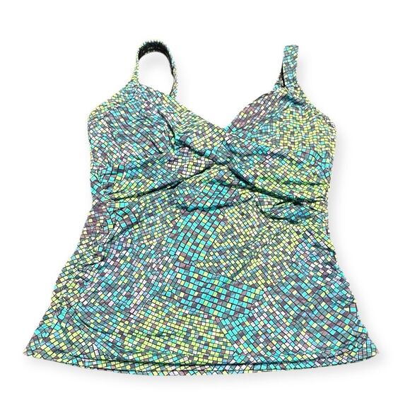 LANDS’ END Women’s Blue Green Mosaic Wrap Underwire Tankini Top Size 14DD - Picture 4 of 7